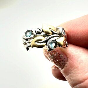 Barbara Bixby Womens Ring Sterling Silver 18K Gold Blue Topaz Vine Band Size 9